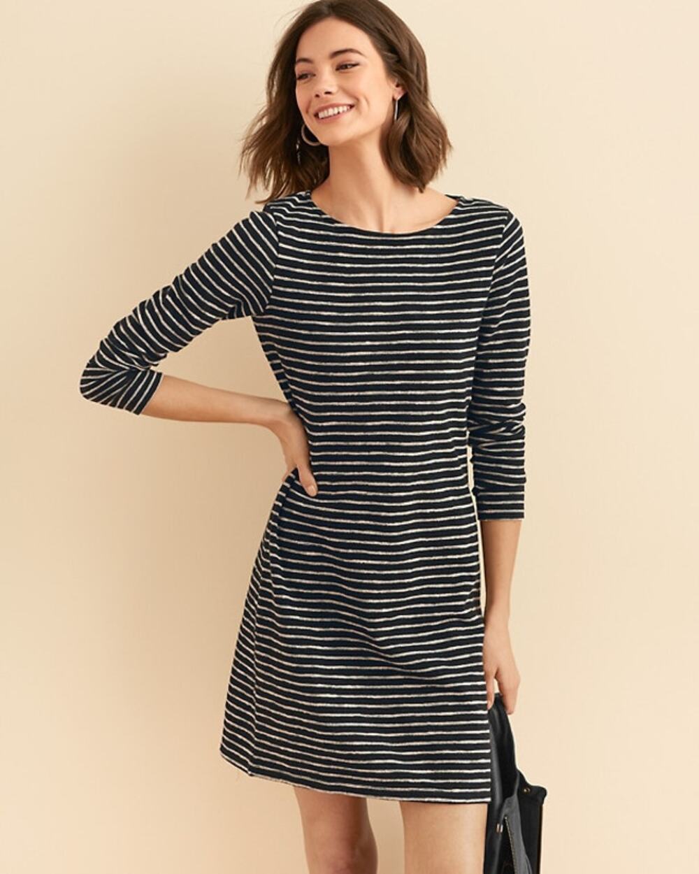 Garnet Hill Easy Textured Knit Dress Flowy Swing Striped Cinched Sleeves, Sz XS